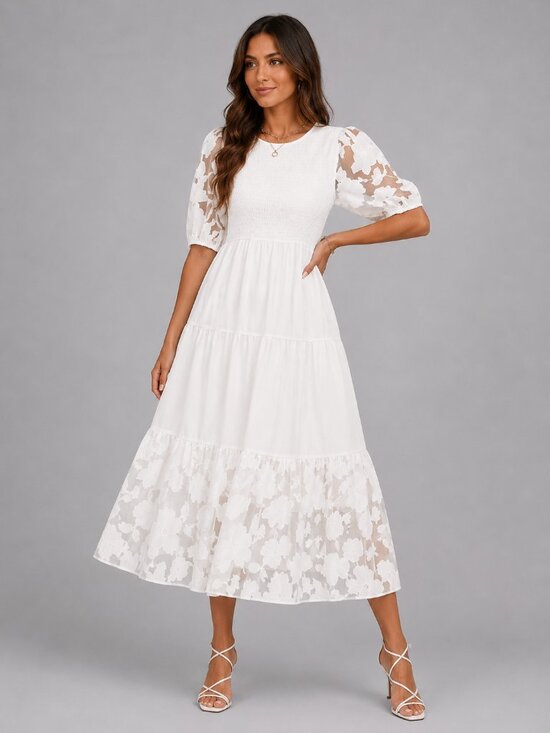 Dresses & Skirts - Women's White Floral Lace Tiered Maxi Dress Smocked Puff Sleeve Boho Wedding Dre